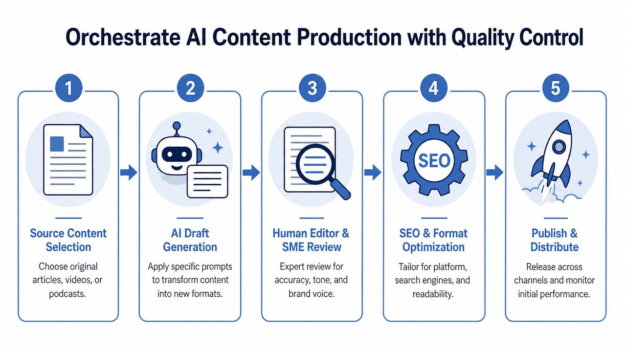 A five-step process diagram illustrating how to orchestrate AI content production with professional quality control measures.