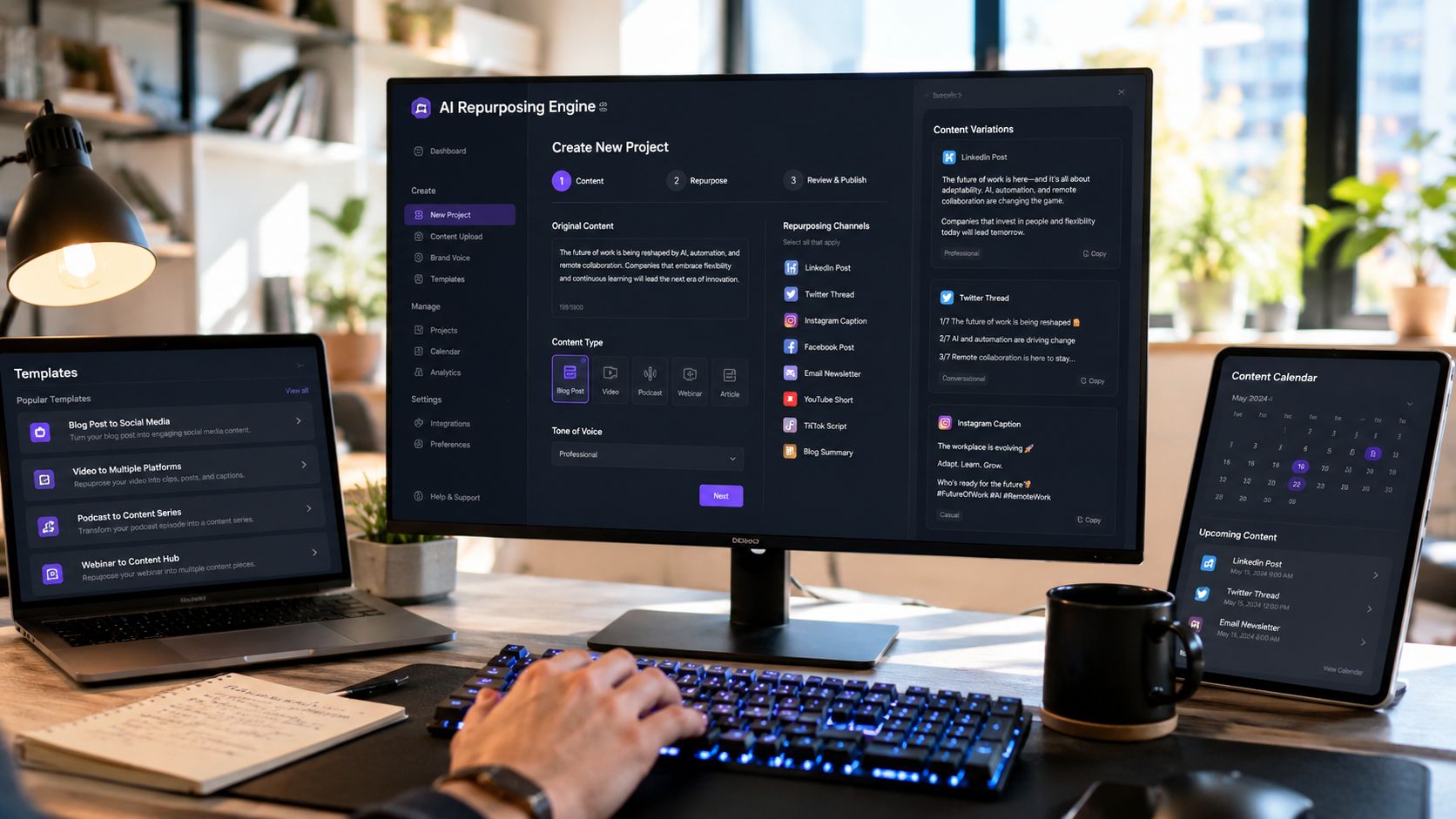 A professional workspace featuring a computer screen displaying an AI content repurposing software dashboard with multiple devices.