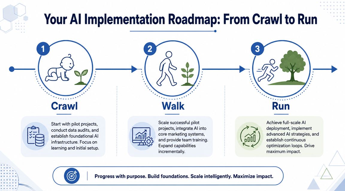 A three-step AI implementation roadmap graphic showing the progression from Crawl, Walk, to Run phases.
