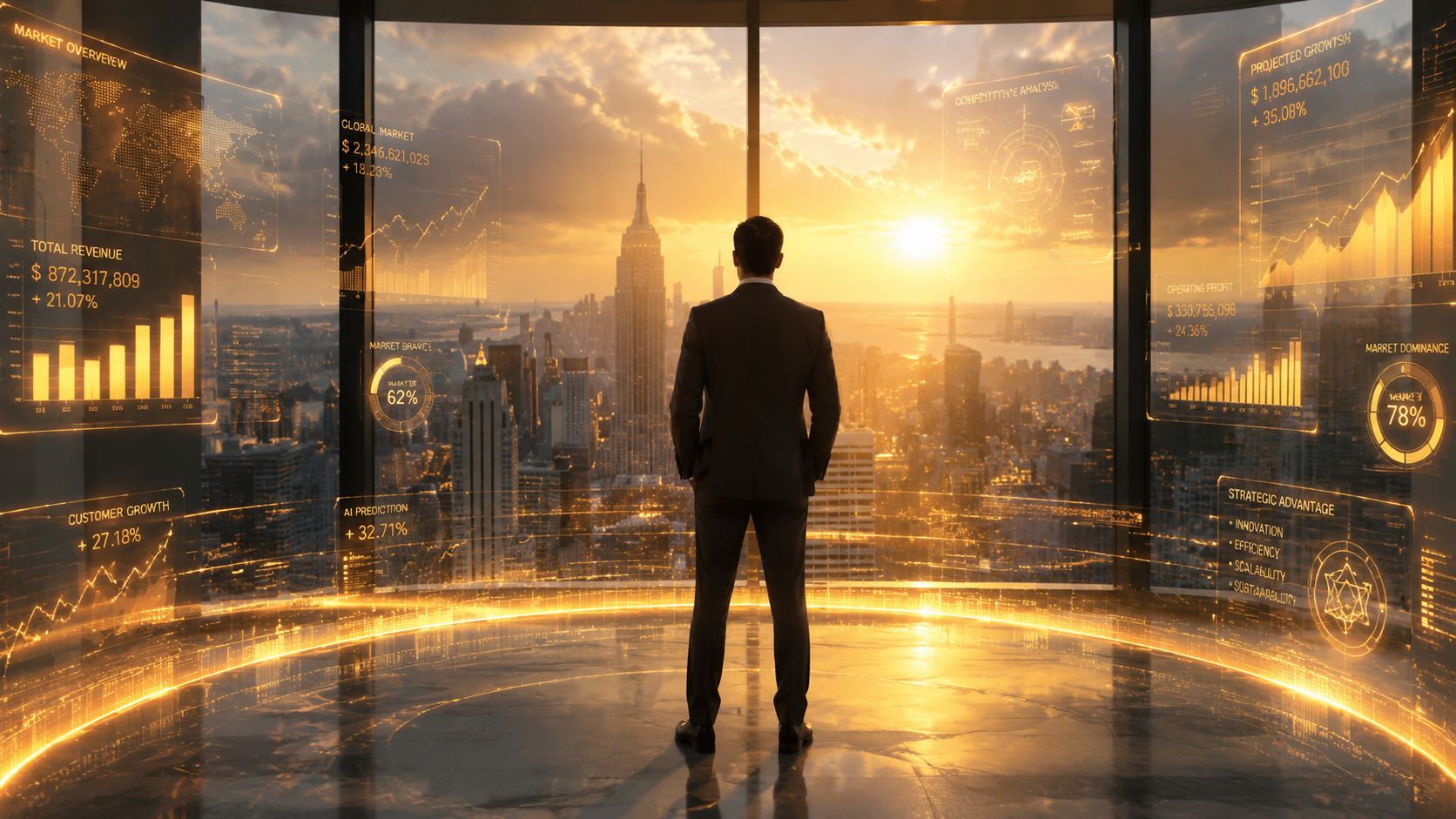 A business executive stands in a high-rise office overlooking a city skyline with digital marketing data overlays.