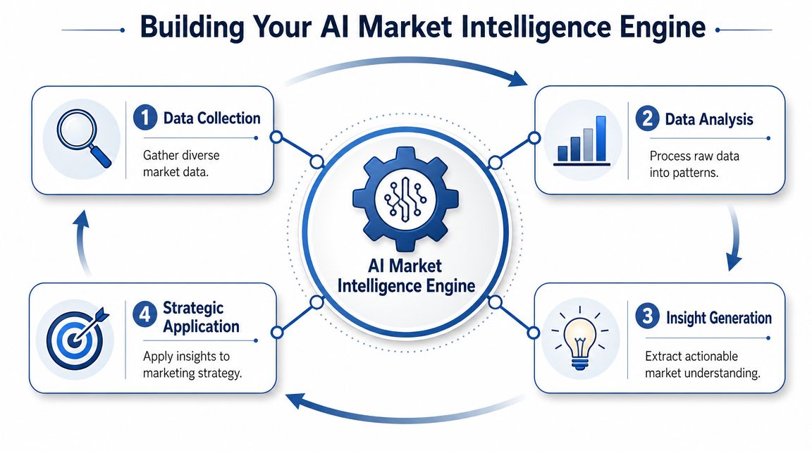 A four-step circular process diagram illustrating the cycle of building an AI market intelligence engine for business.