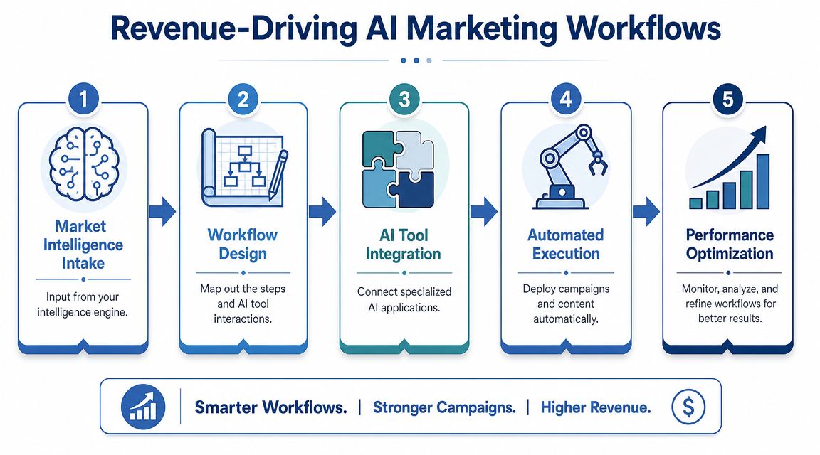 A five-step flowchart illustrating the process of building revenue-driving AI digital marketing workflows for business optimization.