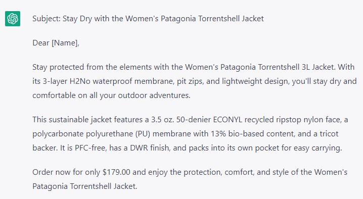 AI-generated email for the Women's Patagonia Torrentshell Jacket listing features and a $179.00 order CTA
