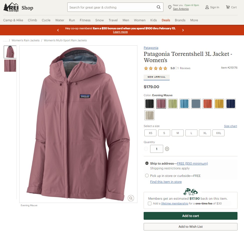REI product page for Patagonia Torrentshell 3L Jacket, Women's, in Evening Mauve, priced $179.00