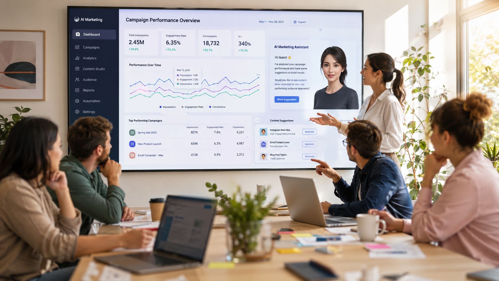 A diverse team of professionals collaboratively analyzing marketing campaign performance data on a large digital screen display.