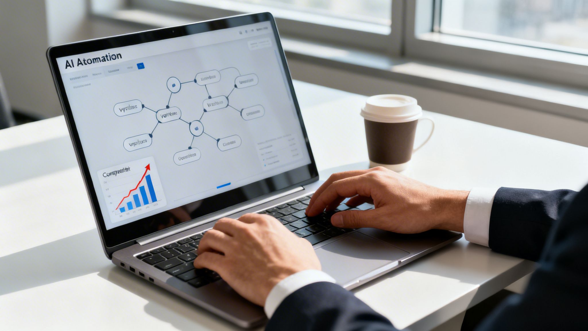 Professional typing on a laptop with AI automation software showing data visualizations and a growth chart.
