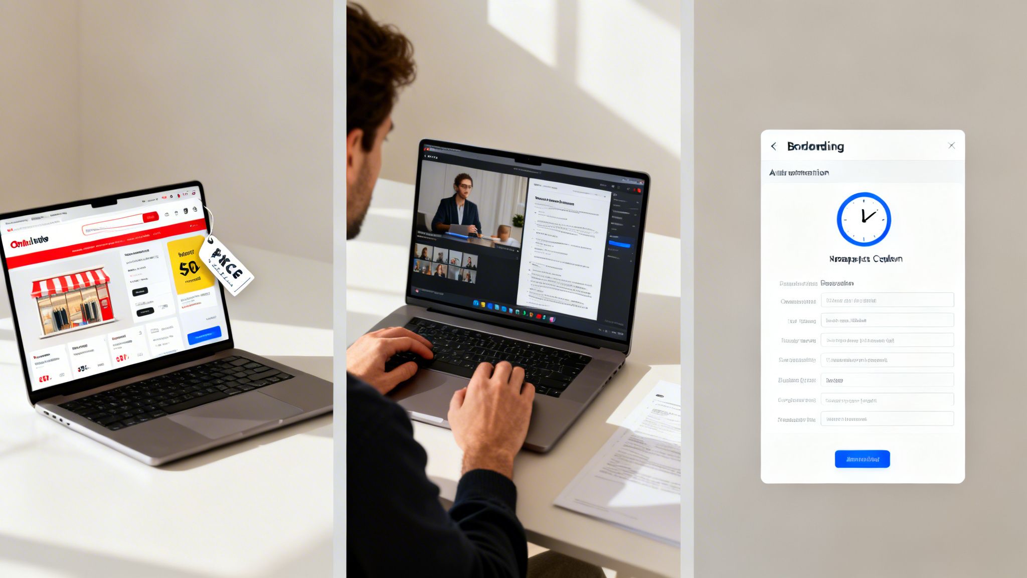 Multiple digital work scenarios showing an e-commerce website, a video conference, and a data input form.