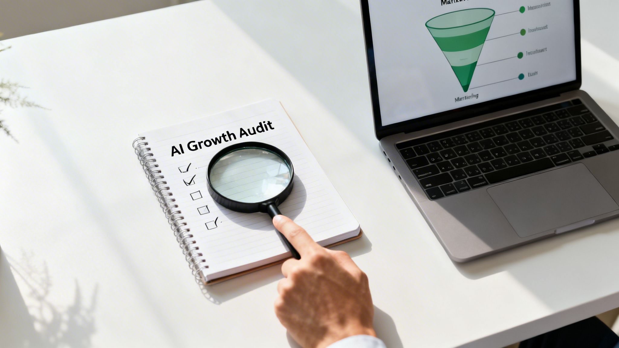 Person examines 'AI Growth Audit' checklist with a magnifying glass beside a laptop showing a marketing funnel.