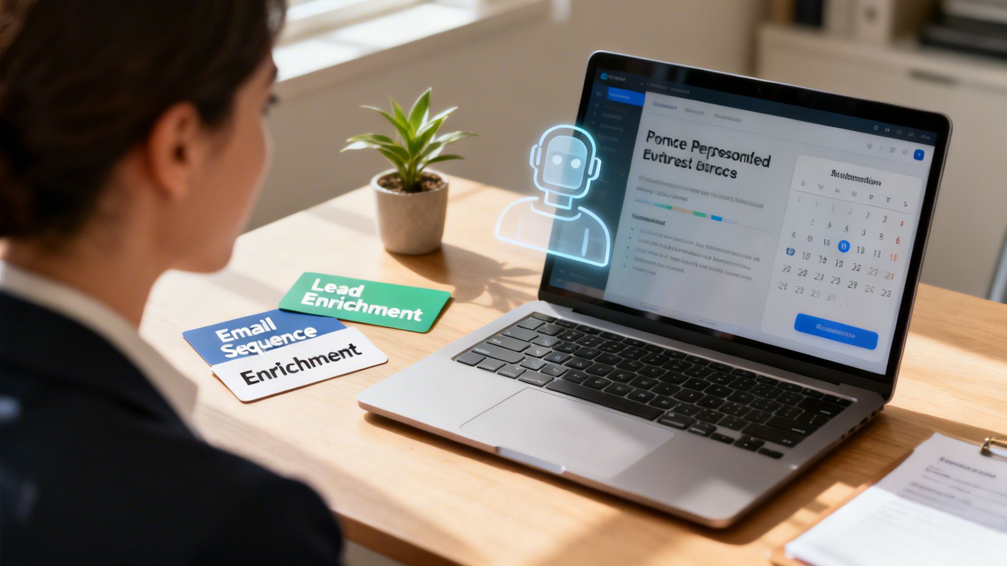 Woman views laptop with glowing AI icon and 'Lead Enrichment' cards, signifying AI for business growth.