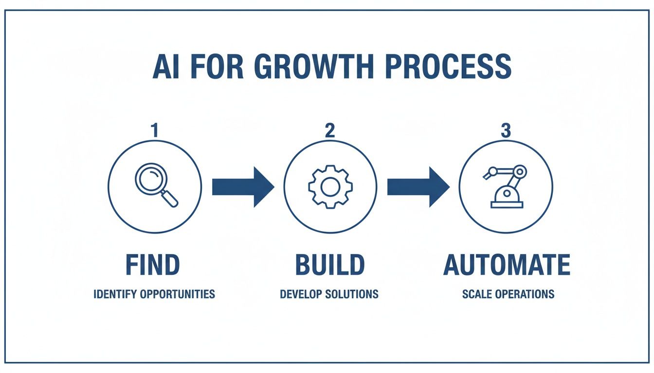 Diagram illustrating the 'AI for Growth Process' with three steps: Find, Build, and Automate.