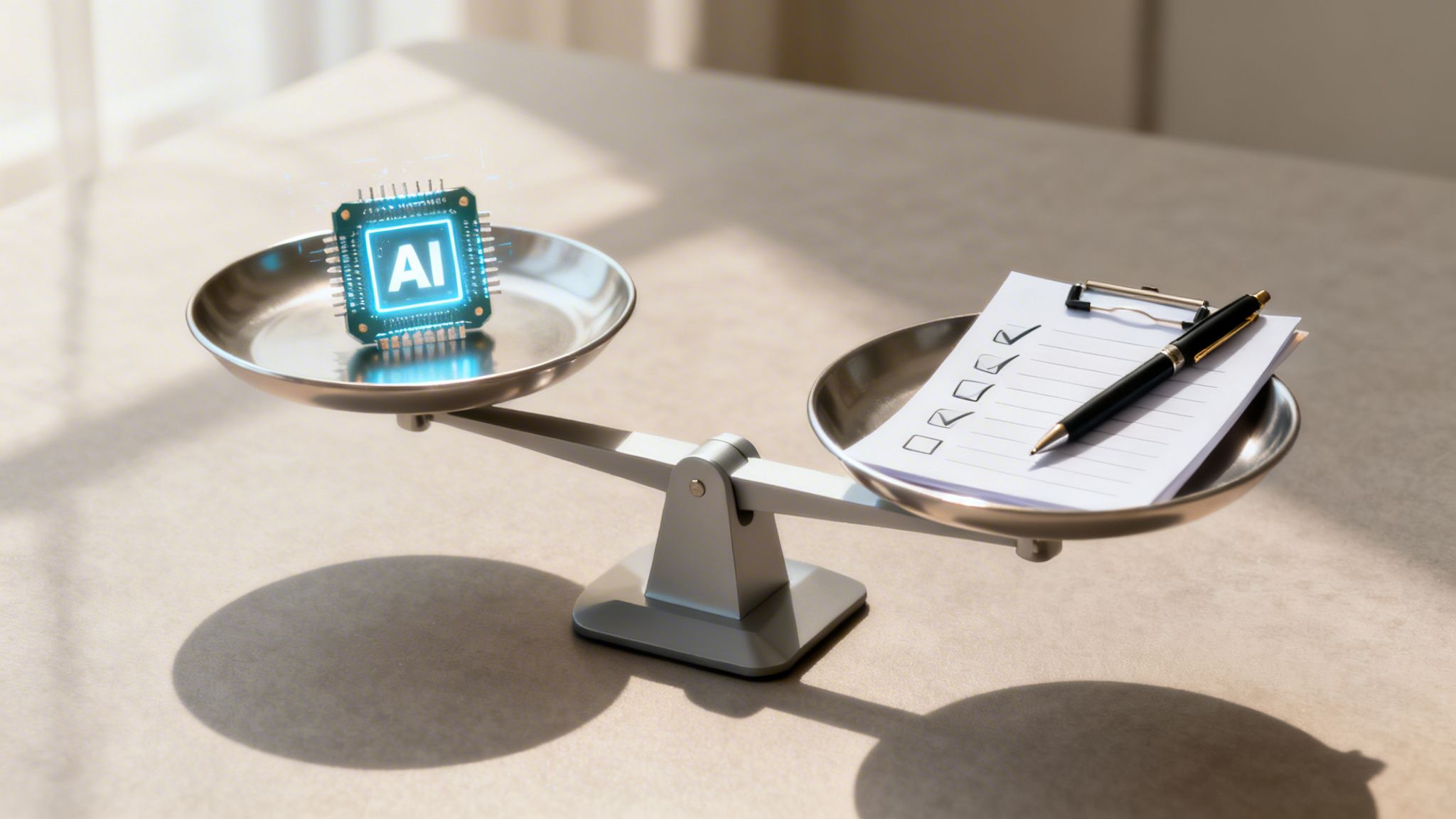 A balance scale weighing a glowing AI chip against a clipboard with a checklist and pen, symbolizing choices.