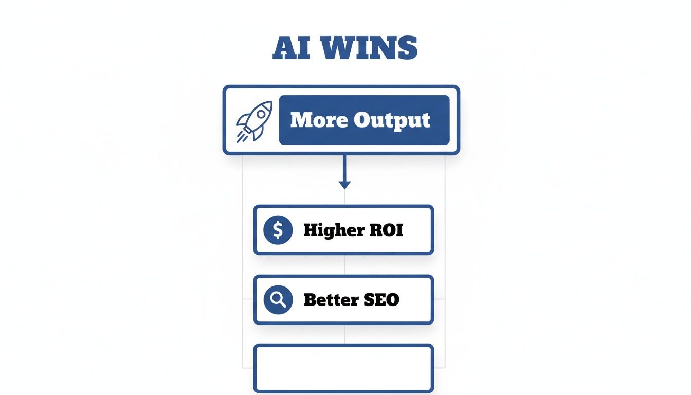 Flowchart showing AI leading to more output, higher ROI, and better SEO in content creation.