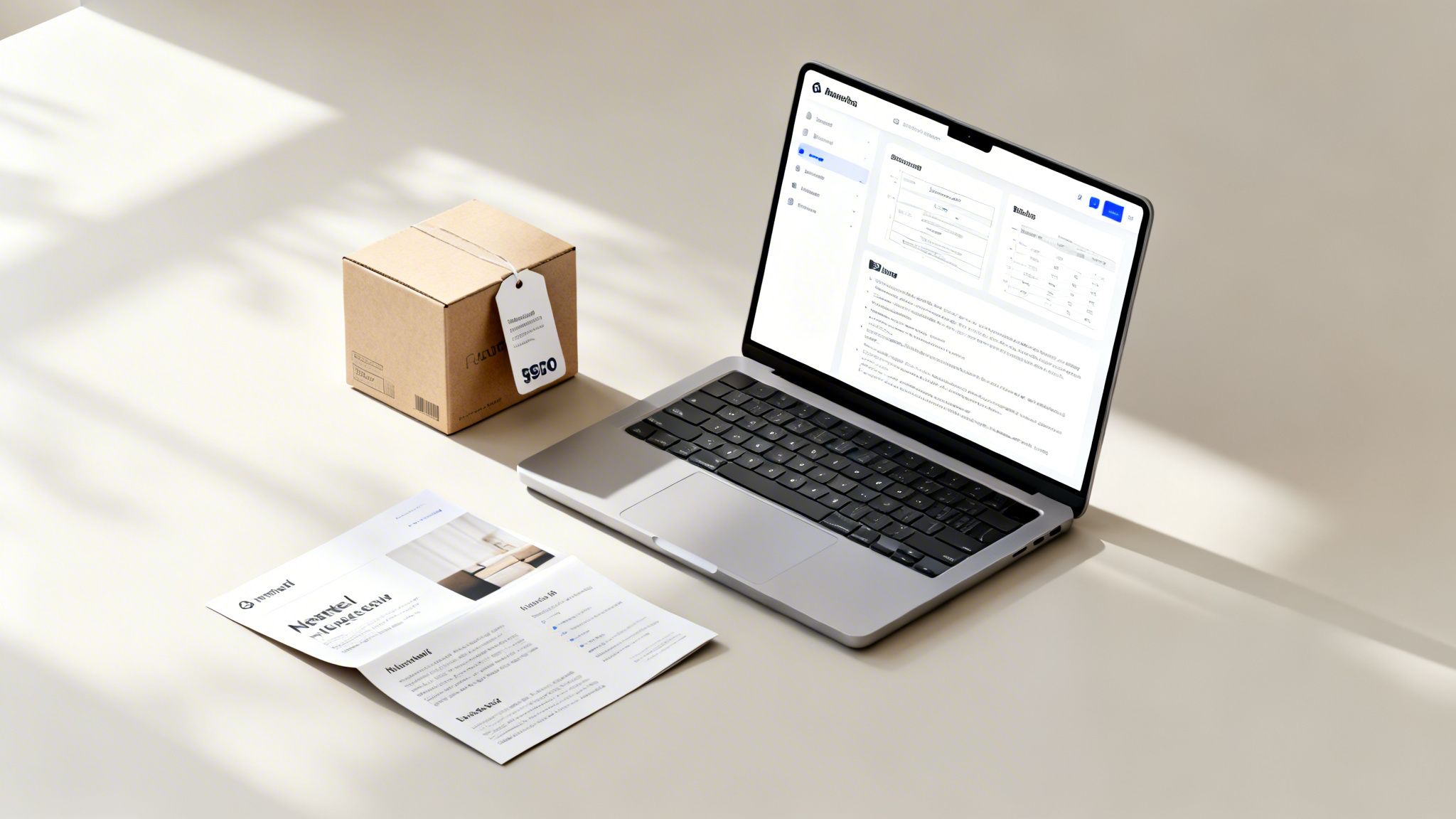 Modern workspace featuring a silver laptop displaying a web app, a cardboard box, and a white document.