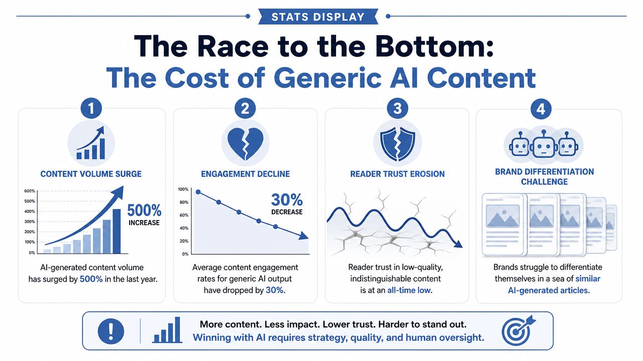An infographic titled The Race to the Bottom showing the negative impacts of generic AI-generated content.