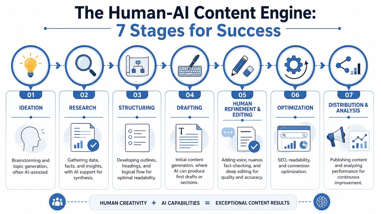 A seven-stage infographic titled The Human-AI Content Engine showing a workflow for content creation.
