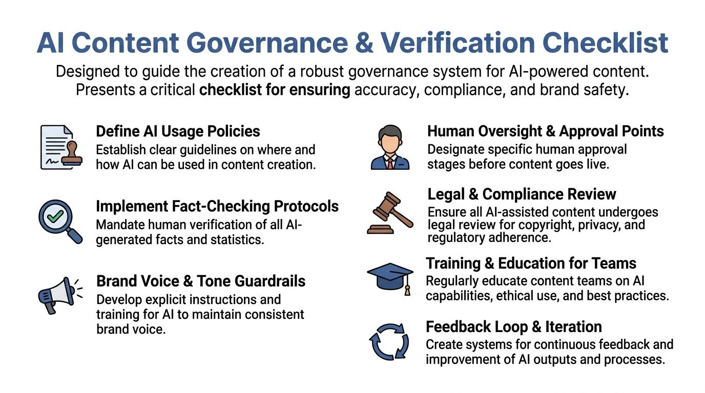 A checklist for AI content governance and verification, covering policy, oversight, and ethical standards for creators.