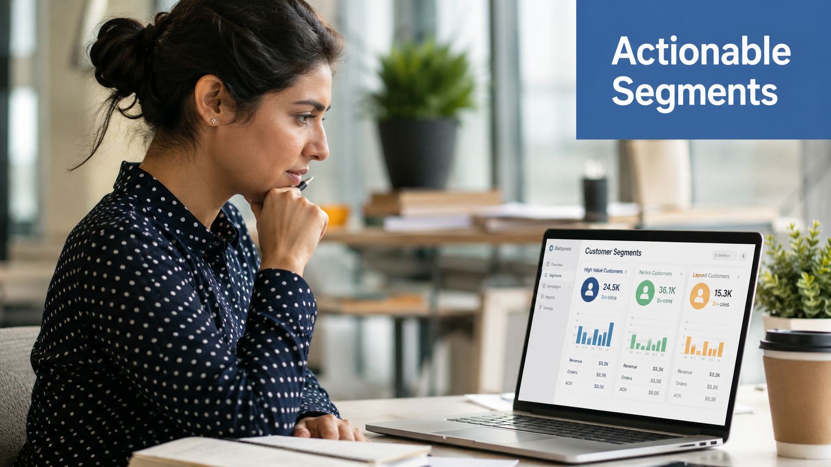 A woman working on a laptop displaying a customer segmentation dashboard with data analytics and charts.