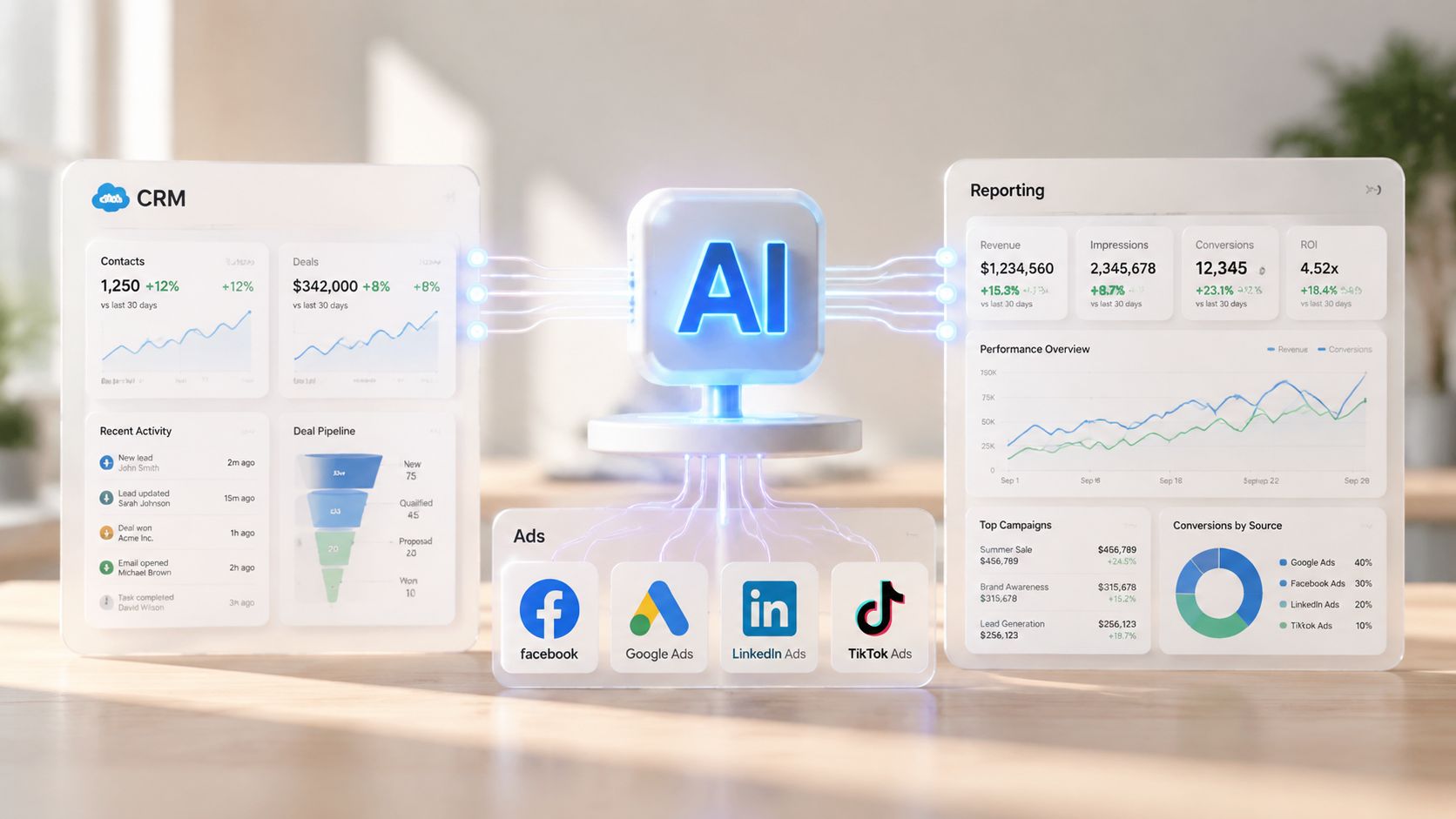 A 3D visualization showing AI acting as a central hub connecting CRM data and marketing advertisement platforms.