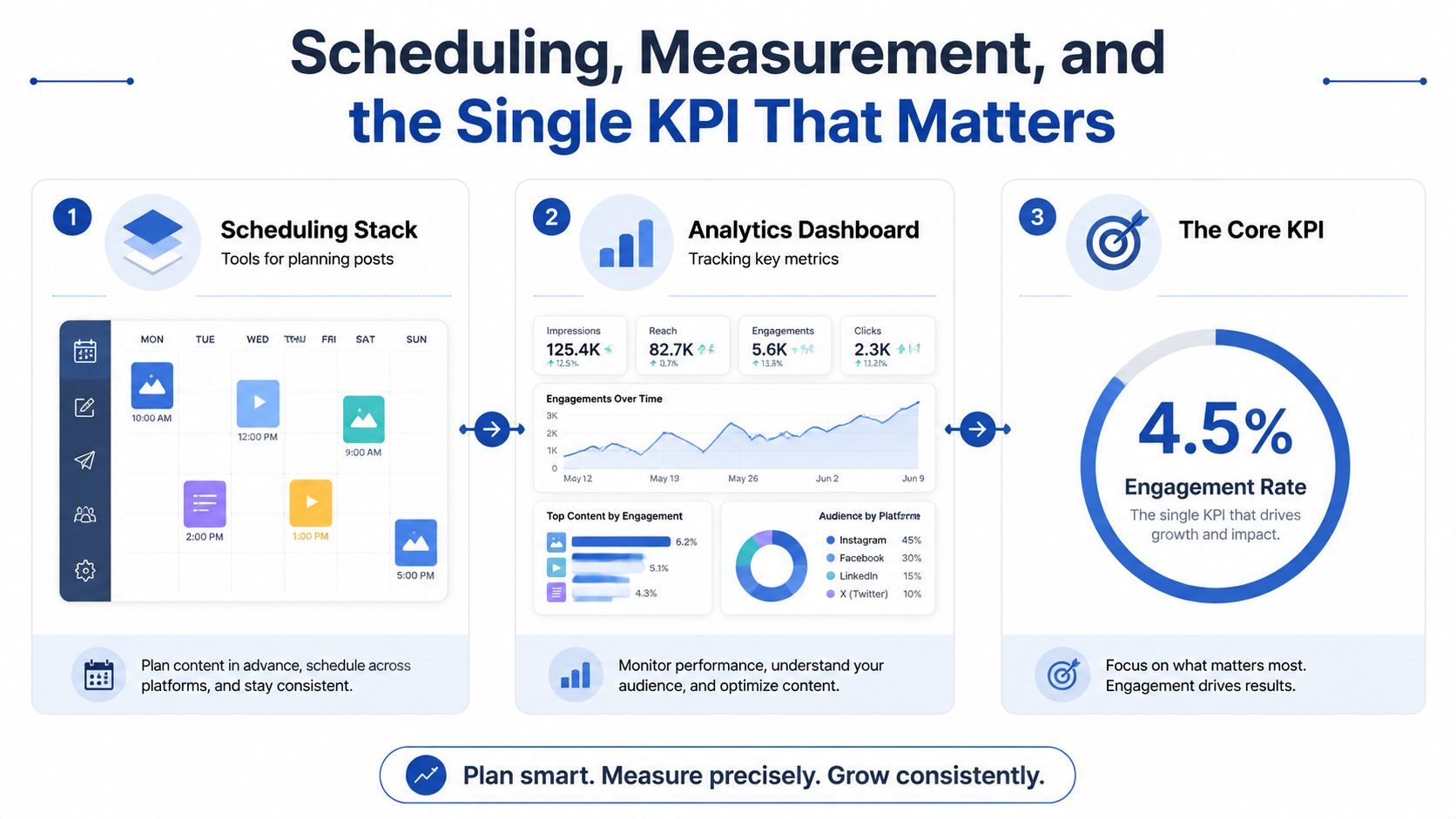 A three-step infographic showing social media scheduling, tracking performance with analytics, and focusing on engagement rate.