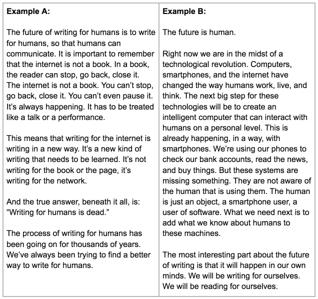 Screenshot comparing two GPT-3 outputs, "Example A" and "Example B," on the future of writing