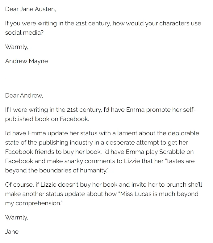 Screenshot of GPT-3 text imagining Jane Austen's reply about Emma and Lizzie using Facebook and Scrabble