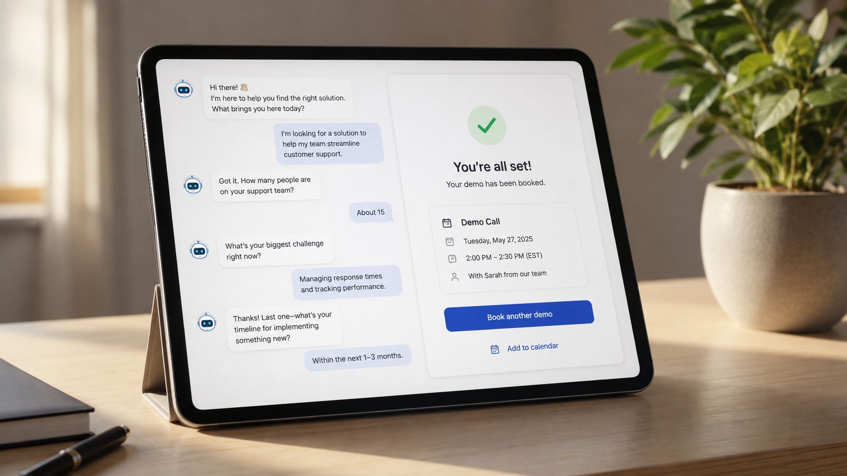 A tablet screen displaying an AI chatbot conversation and a successfully booked demo call appointment confirmation.