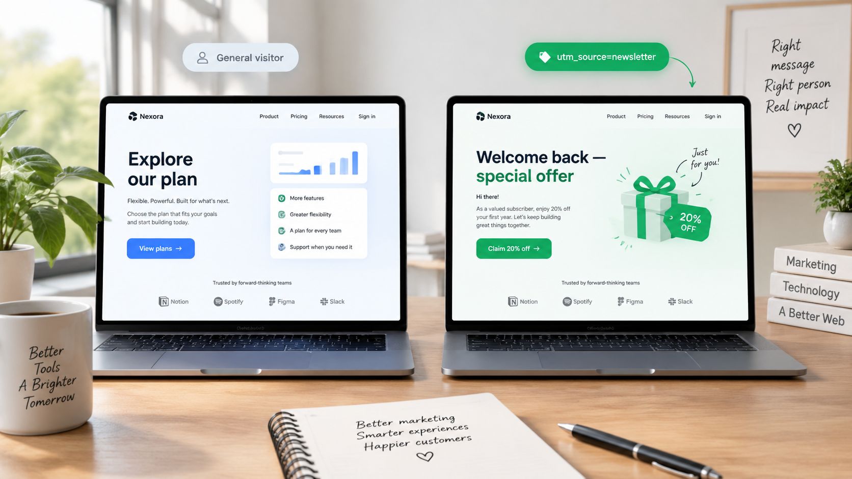 Two laptops displaying personalized landing pages for website visitors, illustrating an effective AI-driven marketing personalization strategy.