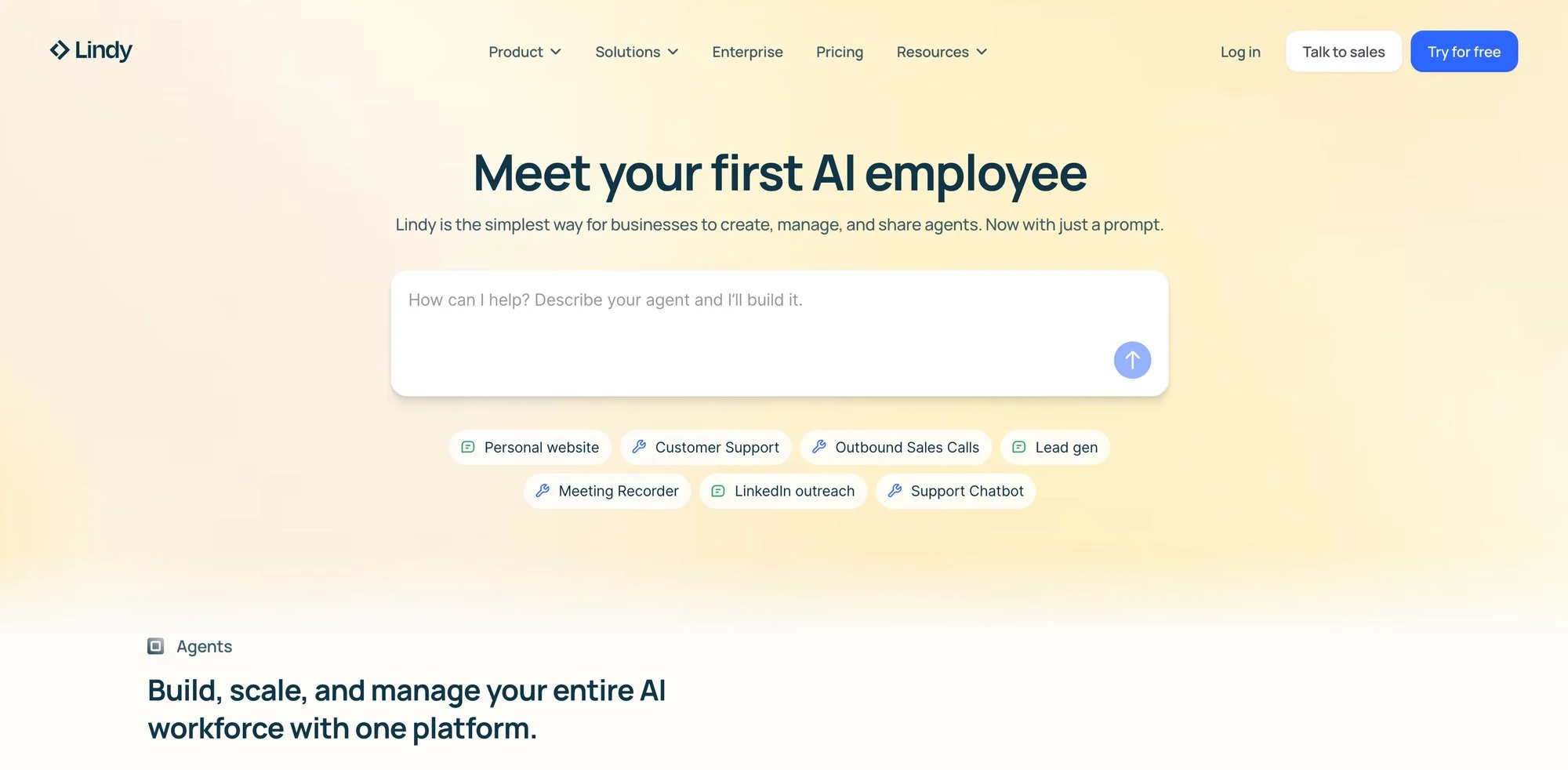 Lindy AI homepage introducing 'your first AI employee' with a prompt input field and agent suggestions.
