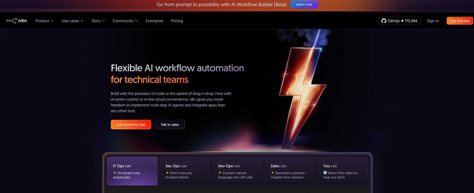 A dark-themed n8n website showcasing AI workflow automation for technical teams with a lightning bolt graphic.