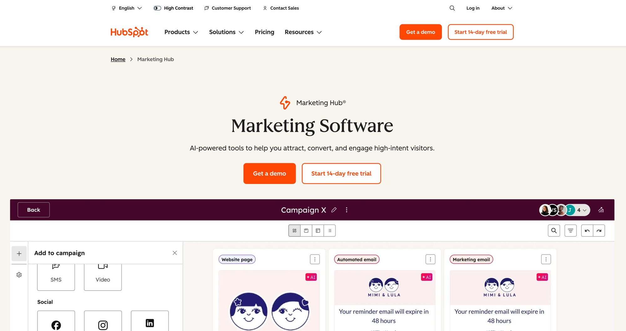 HubSpot Marketing Hub campaign management interface showing options for website pages, emails, and social media.
