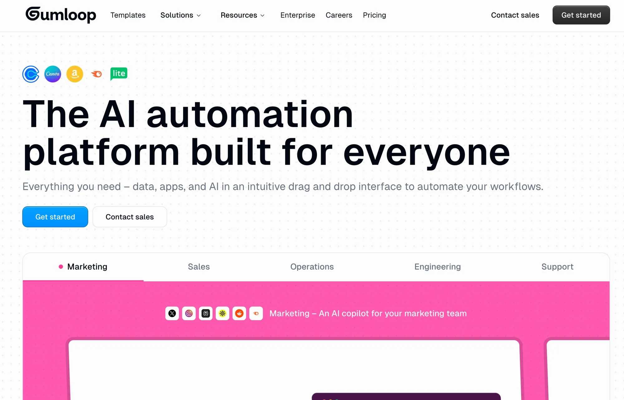 Gumloop website homepage showcasing an AI automation platform, integrations, navigation links, and call-to-action buttons.