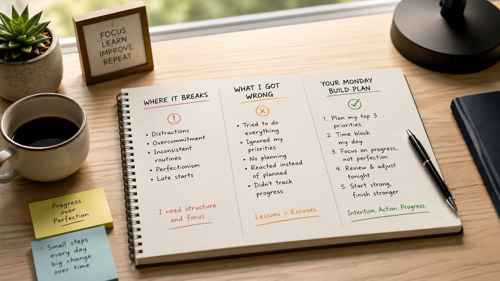 A spiral-bound notebook on a wooden desk with a self-improvement plan and motivational handwritten notes.