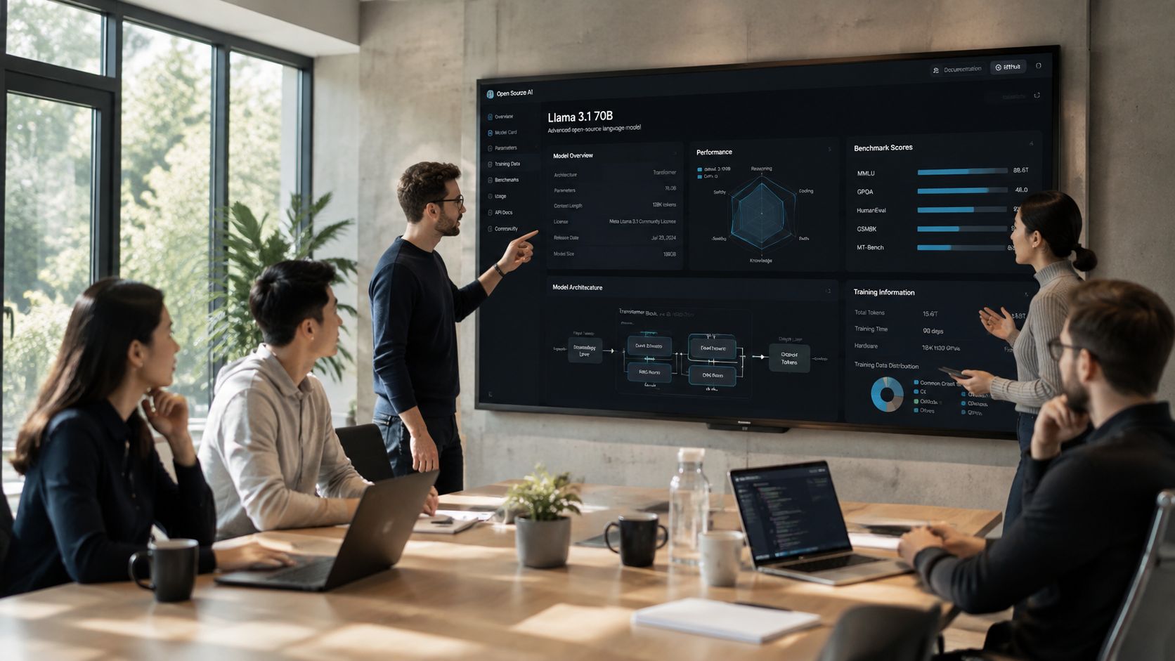 A diverse professional team collaborating in a modern office while analyzing Llama 3.1 AI model performance data.