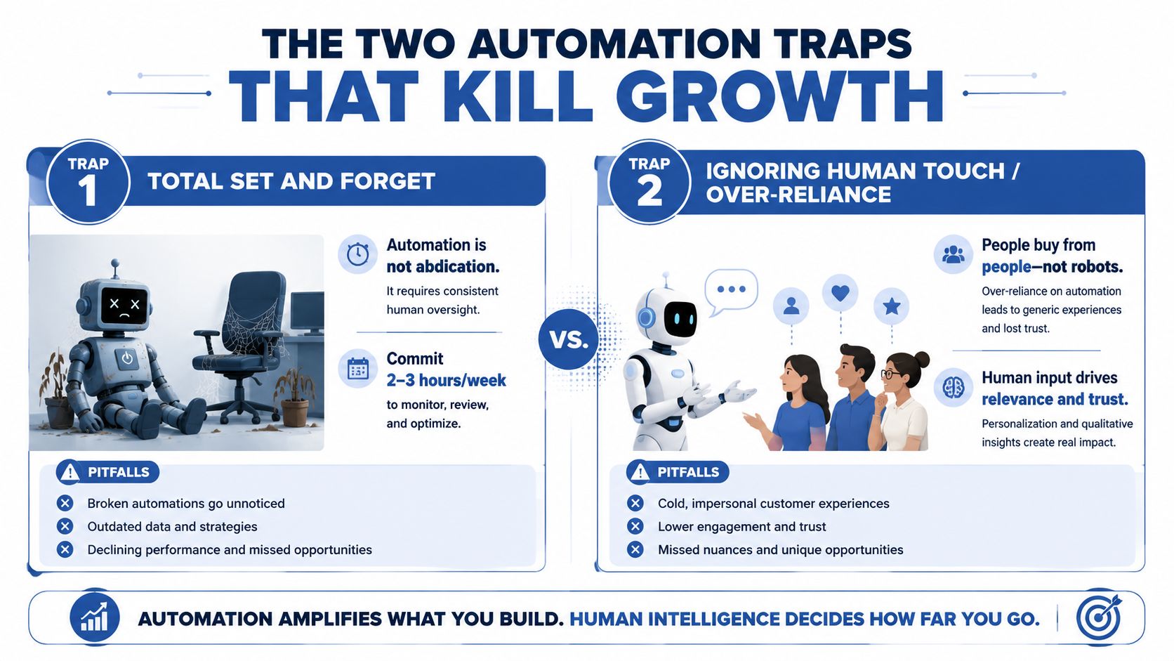 An infographic illustrating the two main automation traps that kill growth: set and forget, and over-reliance.