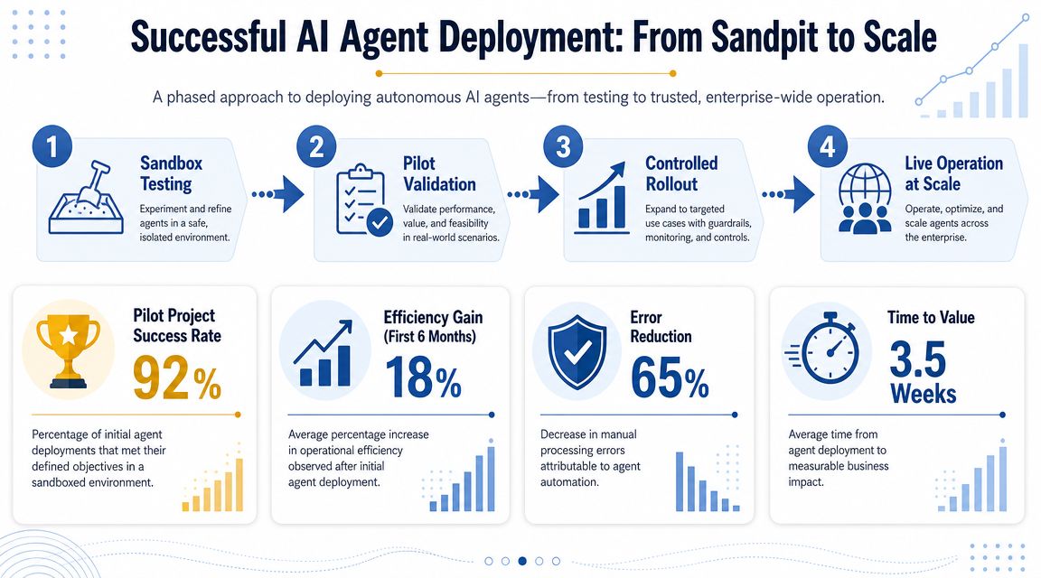 A diagram outlining the four-stage lifecycle of deploying autonomous AI agents from sandbox testing to enterprise-wide scaling.