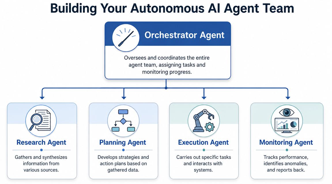 A diagram illustrating an autonomous AI agent team structure, led by an Orchestrator Agent.