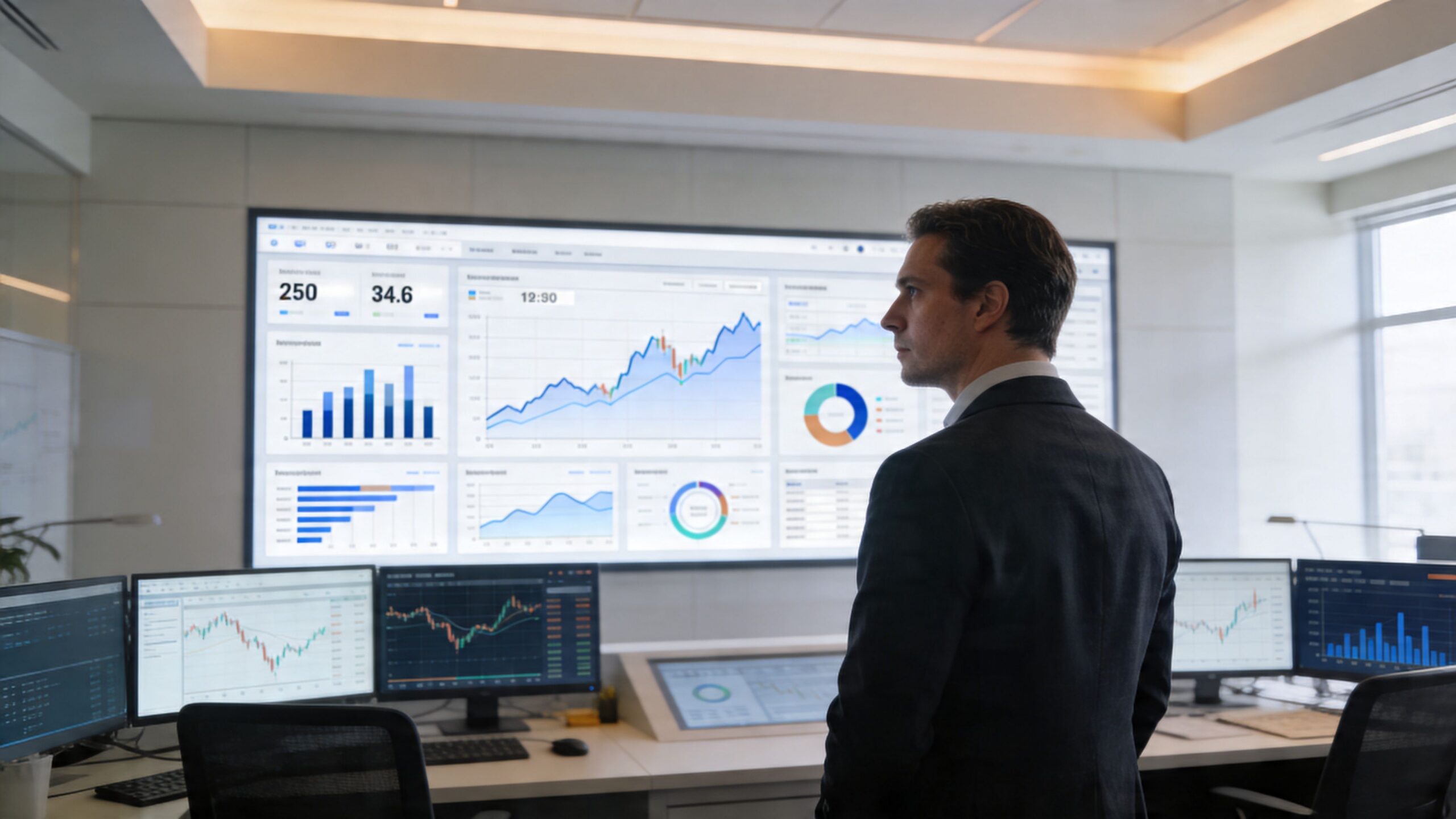 A professional man in a suit looks at a large wall screen displaying complex financial data visualizations.