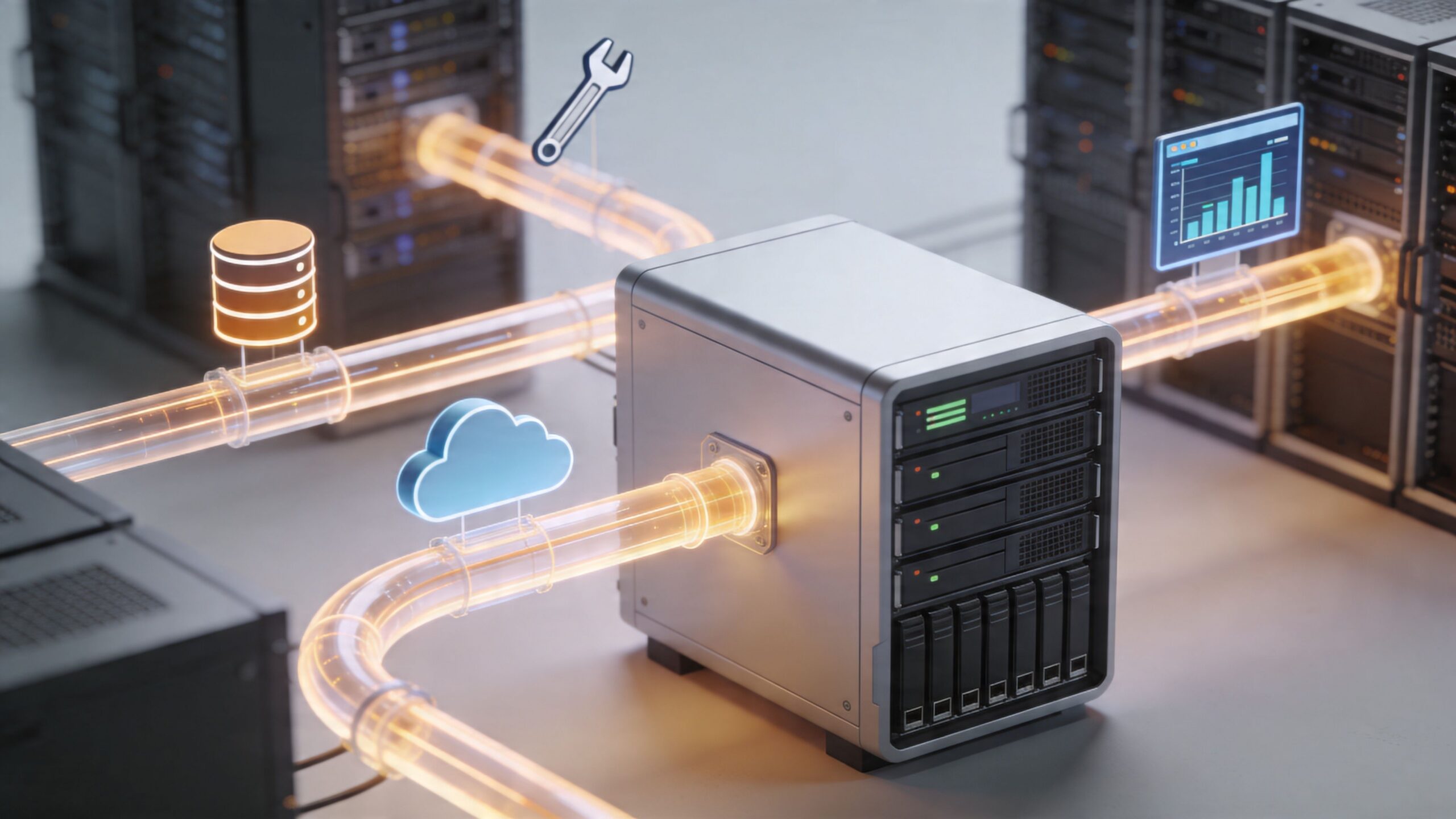 A central server unit connected by glowing data pipes to cloud storage, analytics, and hardware maintenance icons.