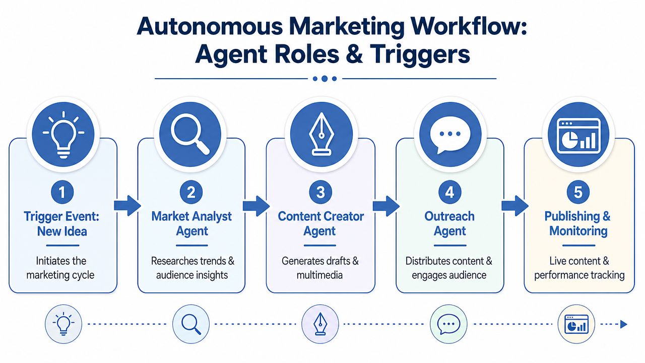 A five-step flowchart illustrating the autonomous marketing workflow involving AI agents, from new idea to performance monitoring.