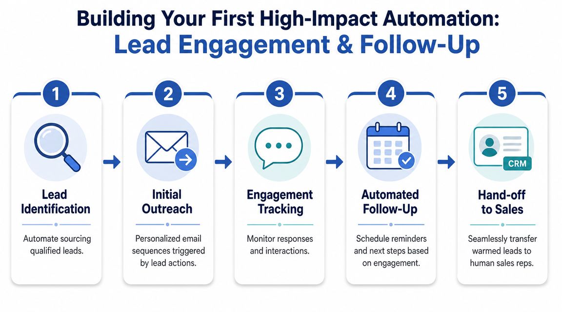 A five-step flowchart illustrating a high-impact automated process for lead engagement and sales follow-up strategies.