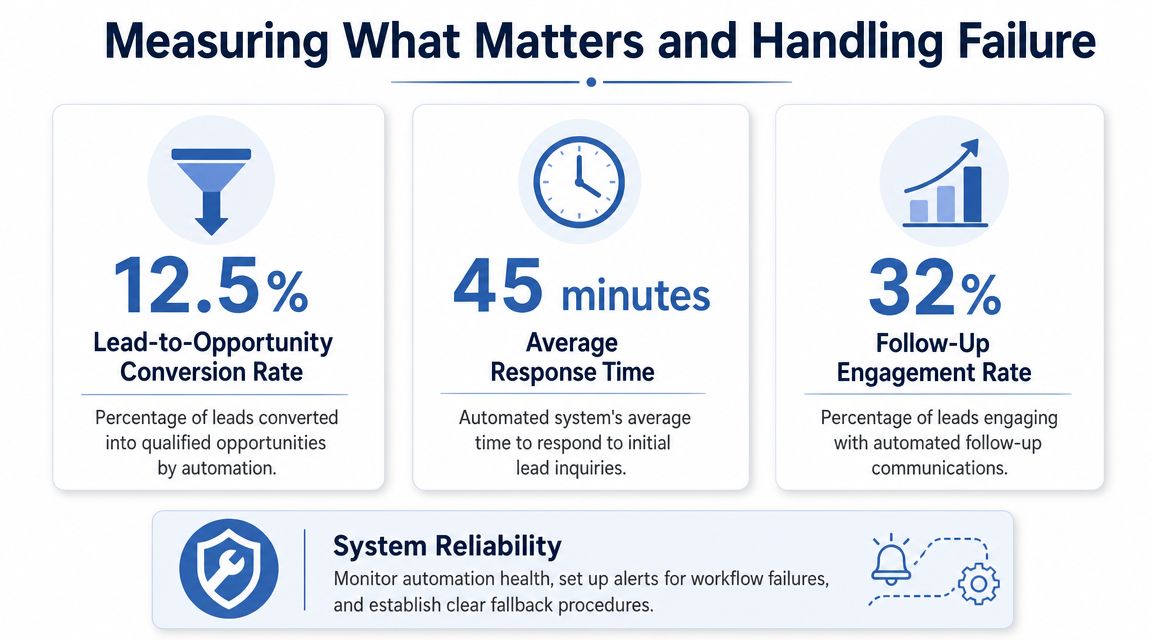An infographic showing key performance metrics for measuring the success and reliability of automated sales workflows.