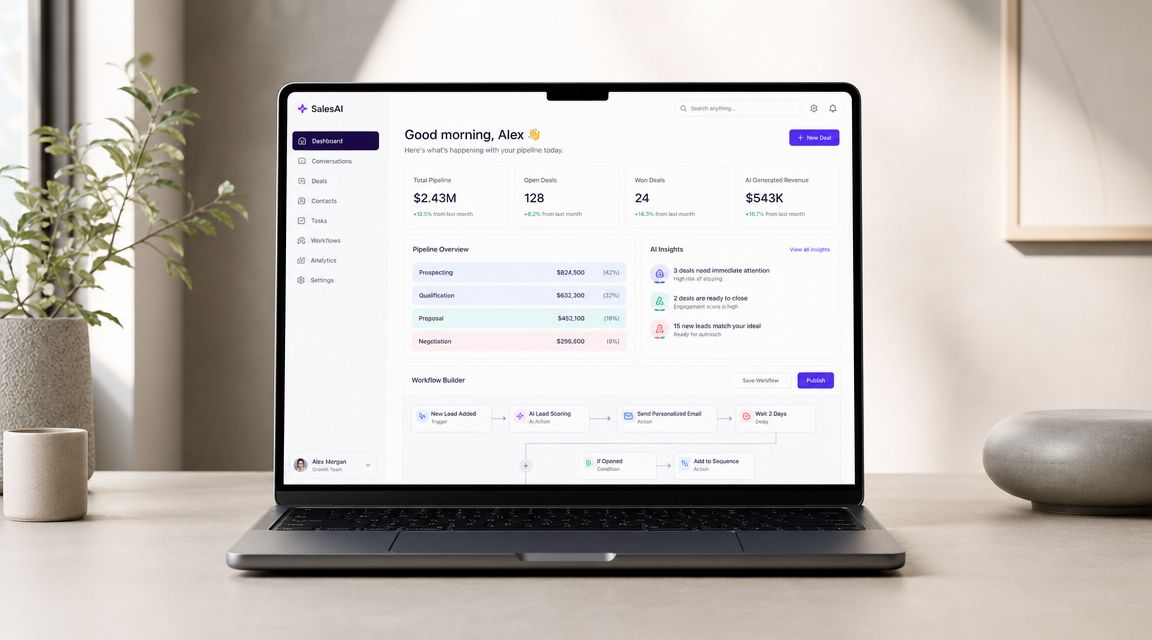 A modern laptop displaying the SalesAI dashboard showing pipeline metrics, AI insights, and an automated workflow builder.