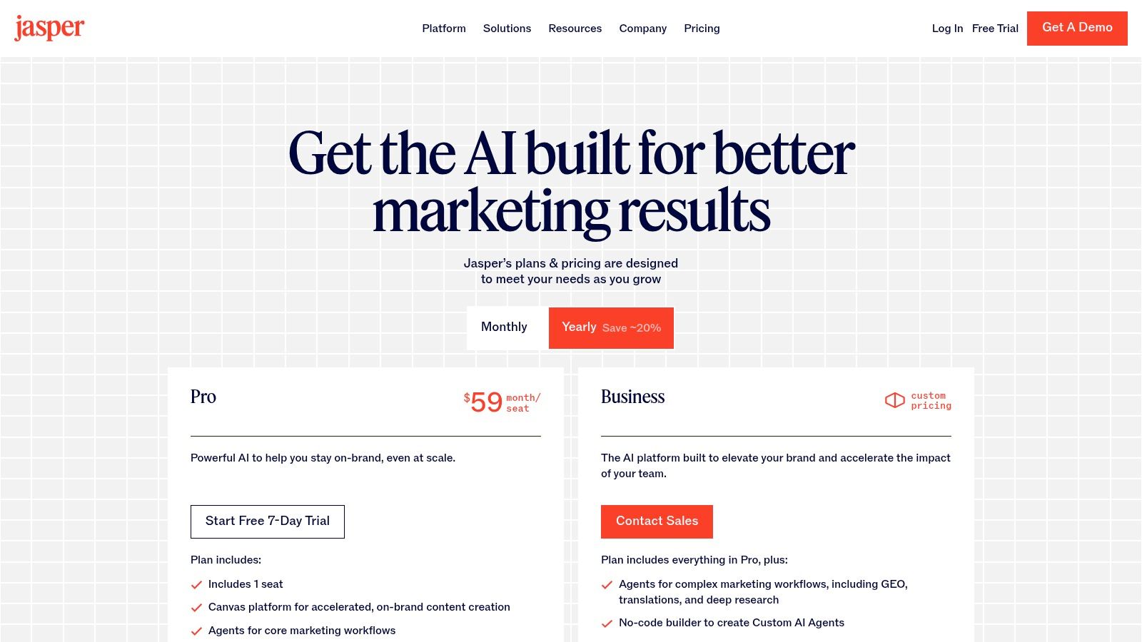 Jasper pricing page for brand-safe AI content