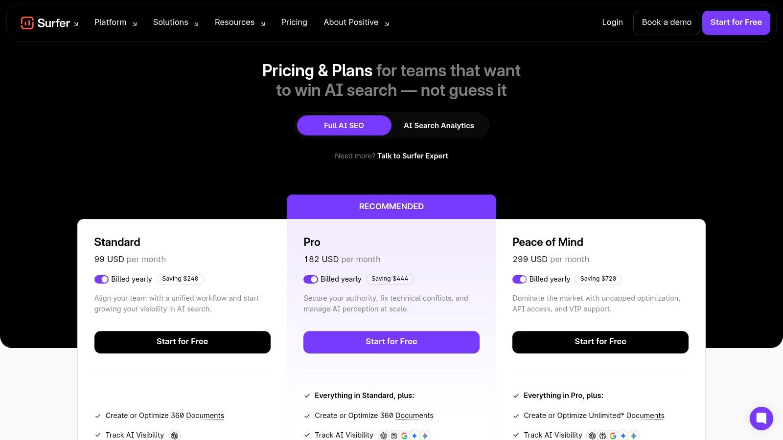 Surfer pricing plans and SEO editor