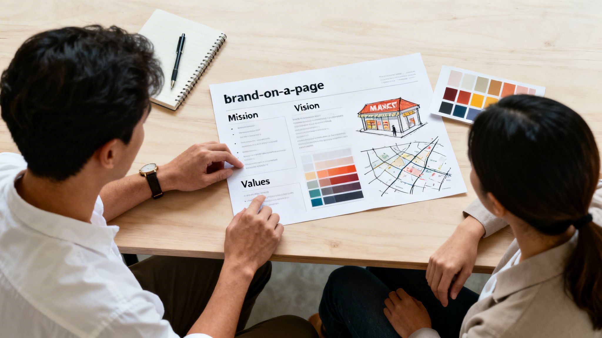 Two people discuss a 'brand-on-a-page' document with mission, vision, and design elements.