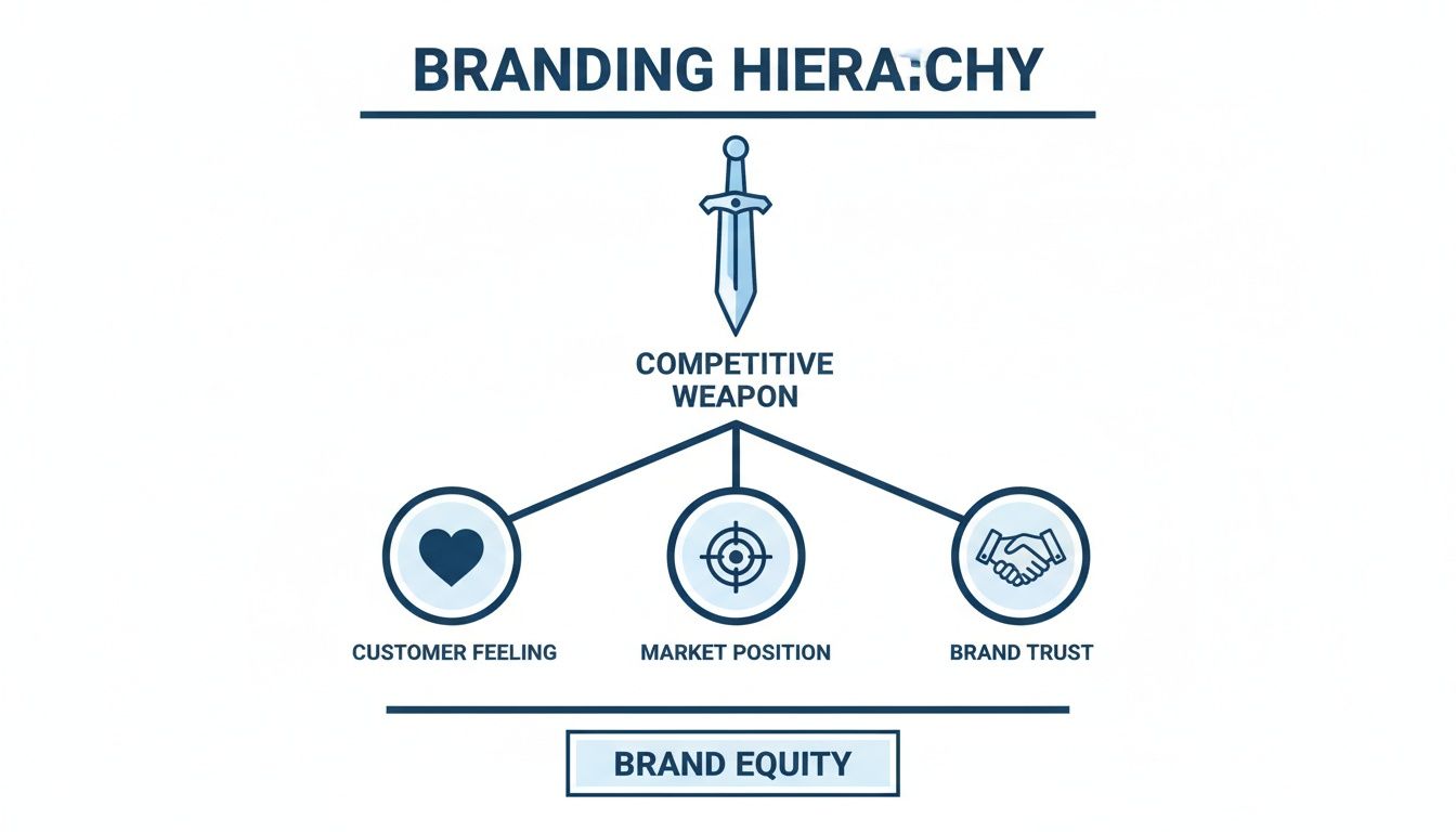 A branding hierarchy diagram illustrating competitive weapon as a combination of customer feeling, market position, and brand trust, leading to brand equity.