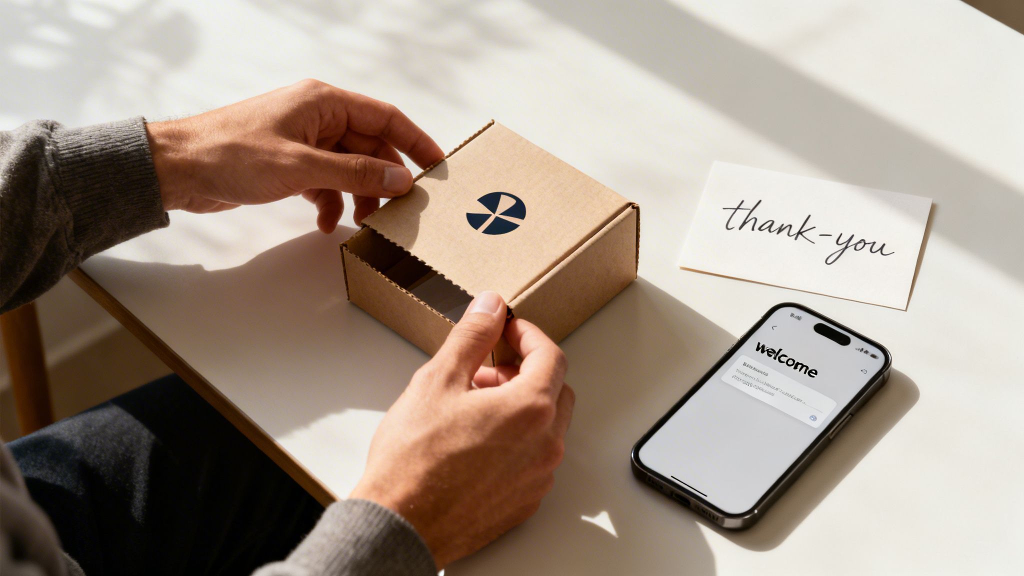 A person unboxing a branded package, a thank-you note, and a welcome screen on a smartphone.