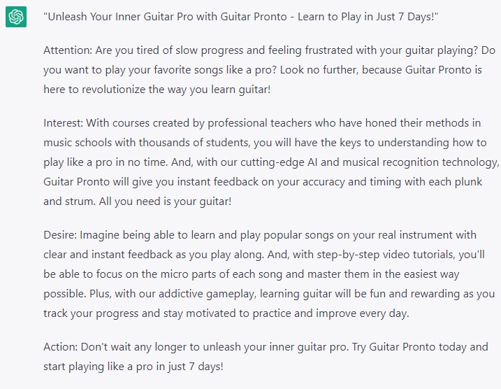 ChatGPT output for Guitar Pronto ad copy split into AIDA sections: Attention, Interest, Desire, Action