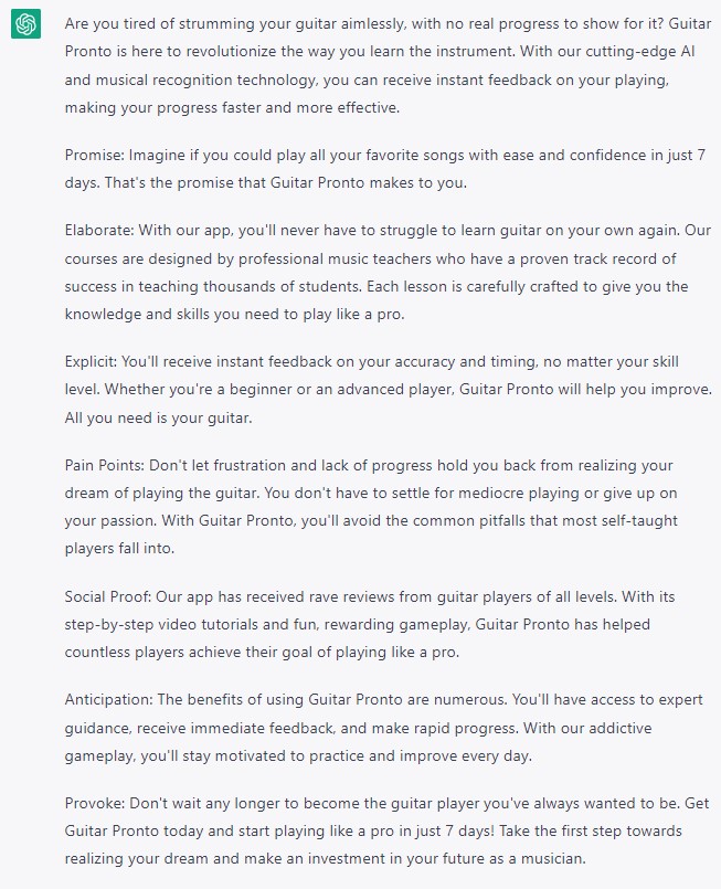 ChatGPT output for "Guitar Pronto" app copy, labeled by framework sections like Promise, Pain Points, and Social Proof