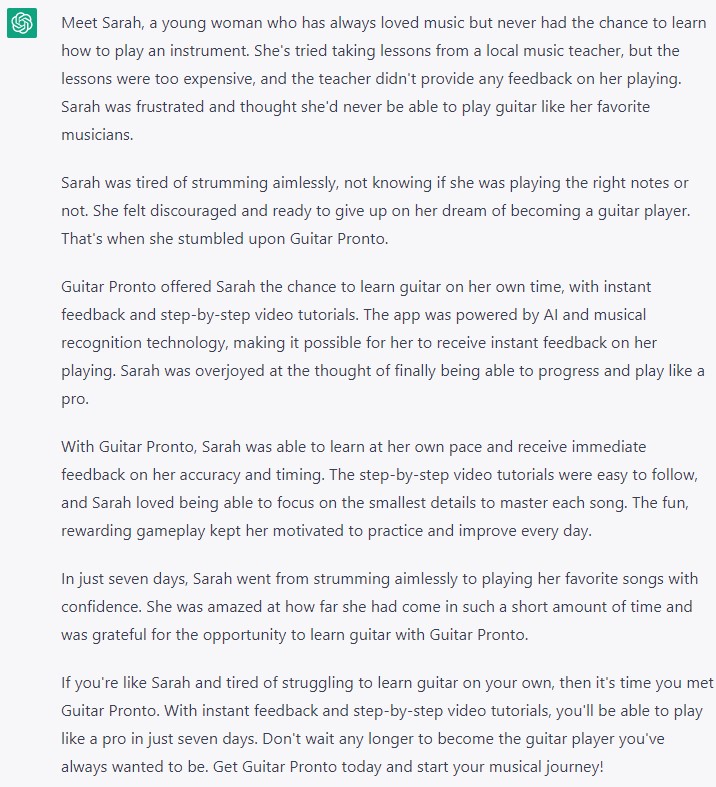 ChatGPT output telling Sarah's story of learning guitar with the Guitar Pronto app, ending with a call-to-action